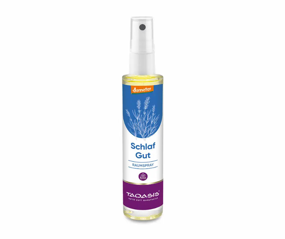 Taoasis Schlaf Gut Raumspray in transparenter Sprühflasche mit blau-violettem Etikett, Lavendelmotiv und Demeter-Bio-Kennzeichnung, Vorderansicht