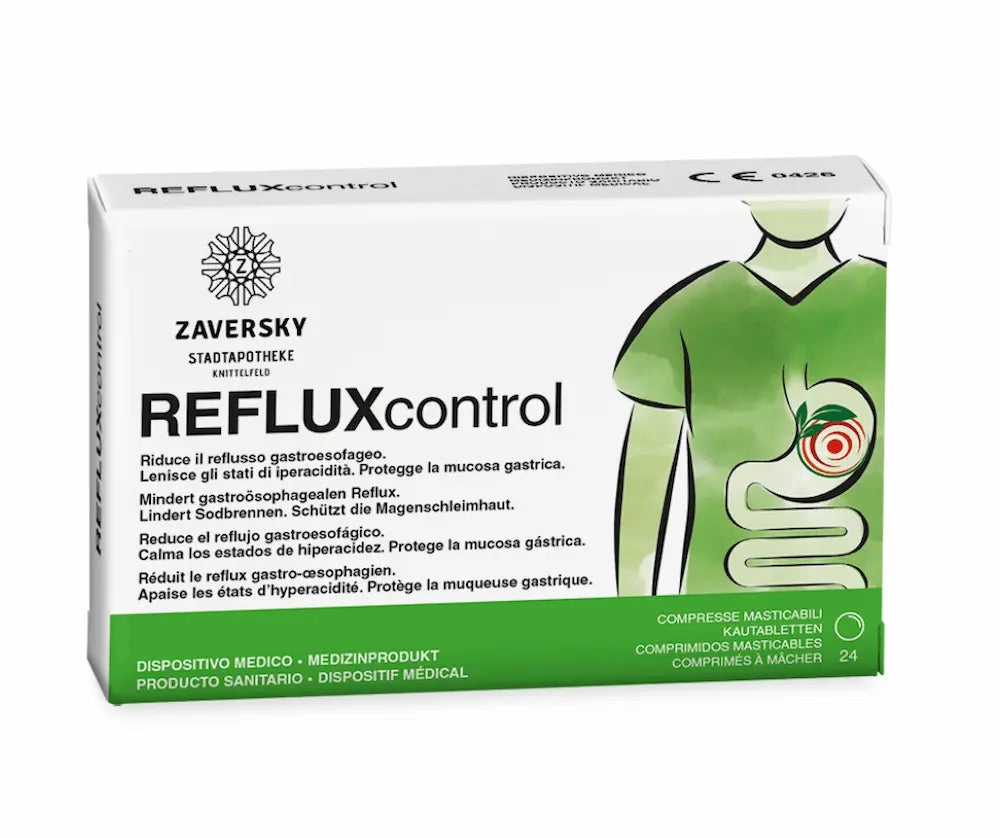 Weiß-grüne Verpackung REFLUXcontrol der Zaversky Stadtapotheke mit Magen-Illustration, Kautabletten, Medizinprodukt, 24 Stück