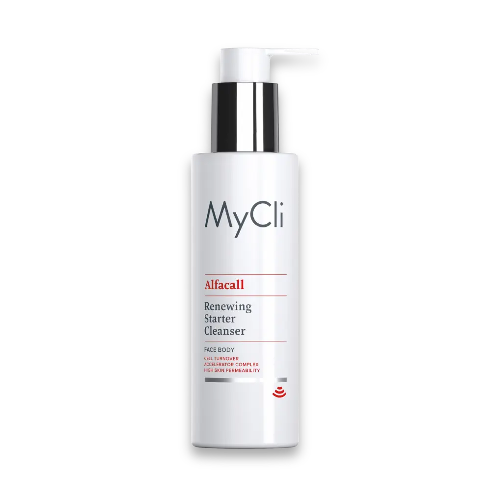 MyCli Alfacall Renewing Starter Cleanser für Gesicht und Körper in weißer Pumpflasche mit silbernem Spender, Vorderansicht
