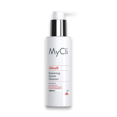 MyCli Alfacall Renewing Starter Cleanser für Gesicht und Körper in weißer Pumpflasche mit silbernem Spender, Vorderansicht
