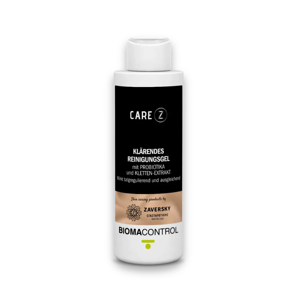CARE Z Klärendes Reinigungsgel mit Probiotika und Kletten-Extrakt, weiße Pumpflasche mit schwarz-beigem Etikett, Bioma Control.