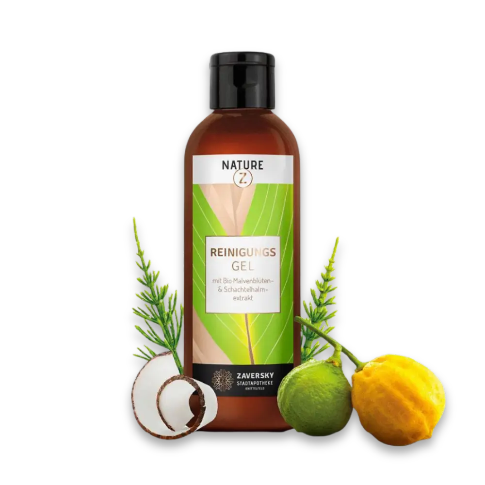 NATURE Z Reinigungsgel mit Bio-Malvenblüten- und Schachtelhalmextrakt in brauner Flasche, umgeben von Kokosnuss, Zitrusfrüchten und Kräutern