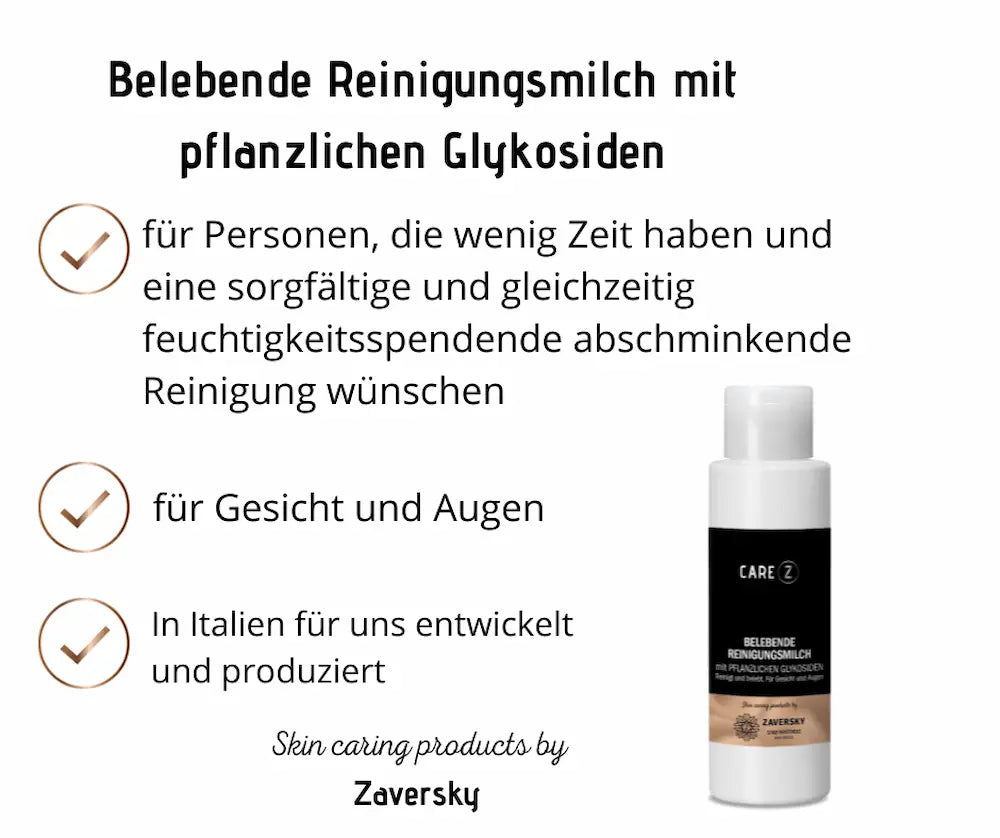 Infografik zur CARE Z Reinigungsmilch mit pflanzlichen Glykosiden, Vorteile in drei Punkten sowie Produktflasche in Weiß und Schwarz abgebildet.