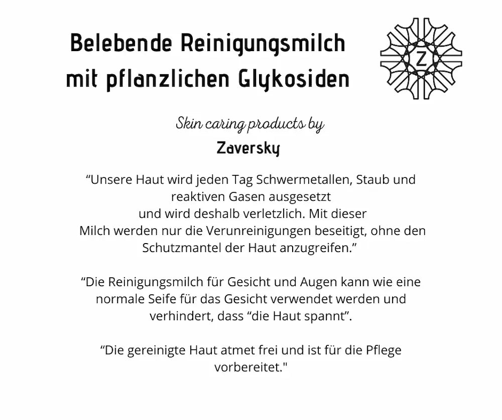 Infografik zur belebenden CARE Z Reinigungsmilch mit pflanzlichen Glykosiden, mit Zaversky-Logo und Zitaten zur schonenden Hautreinigung.