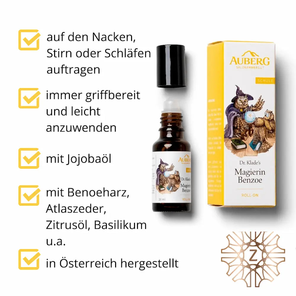 Infografik zum Magierin Benzoe Roll-on von Dr. Klade mit Produktflasche, Verpackung und Vorteilen wie Jojobaöl und Herstellung in Österreich