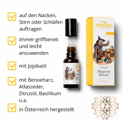 Infografik zum Magierin Benzoe Roll-on von Dr. Klade mit Produktflasche, Verpackung und Vorteilen wie Jojobaöl und Herstellung in Österreich