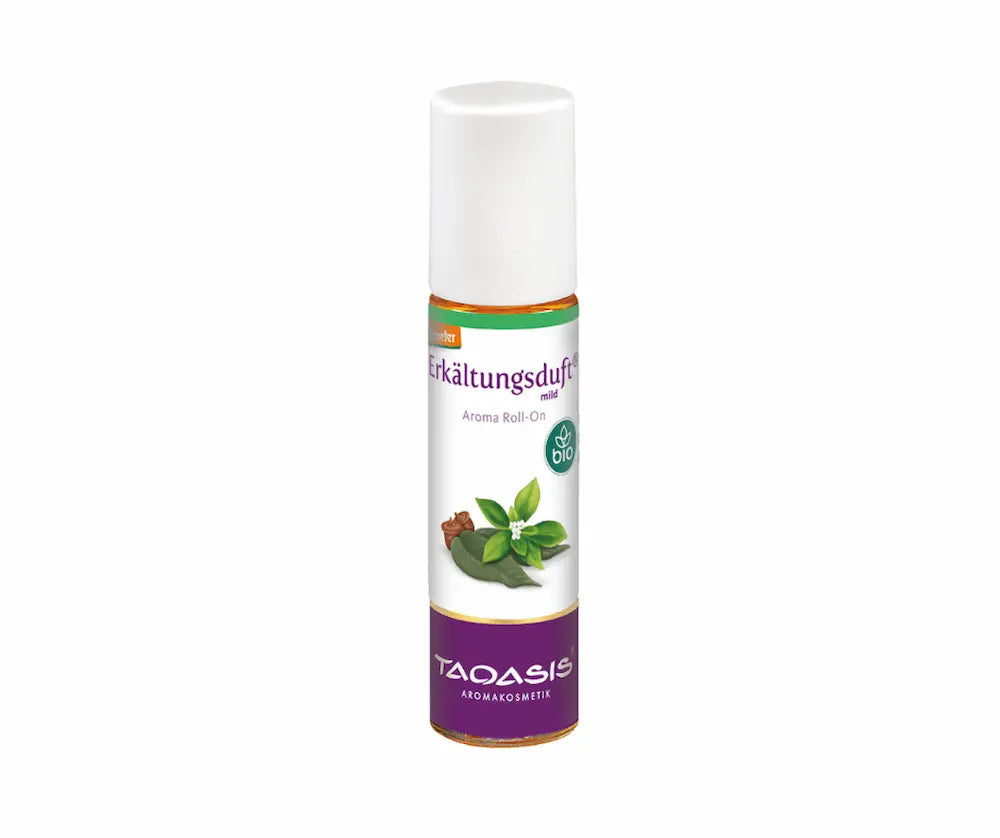 Taoasis Erkältungsduft mild Aroma Roll-On in brauner Glasflasche mit weißer Kappe, lila Etikett mit Bio-Logo und Pflanzenmotiv, Vorderansicht