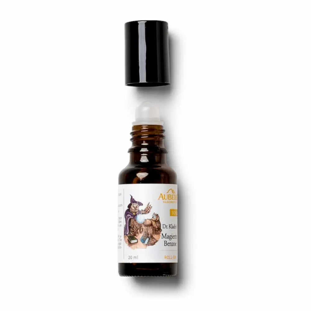 Braune Roll-on-Flasche „Dr. Kladers Magierin Benzoe" von Aubere, 20 ml, mit Etikett und schwarzem Deckel.