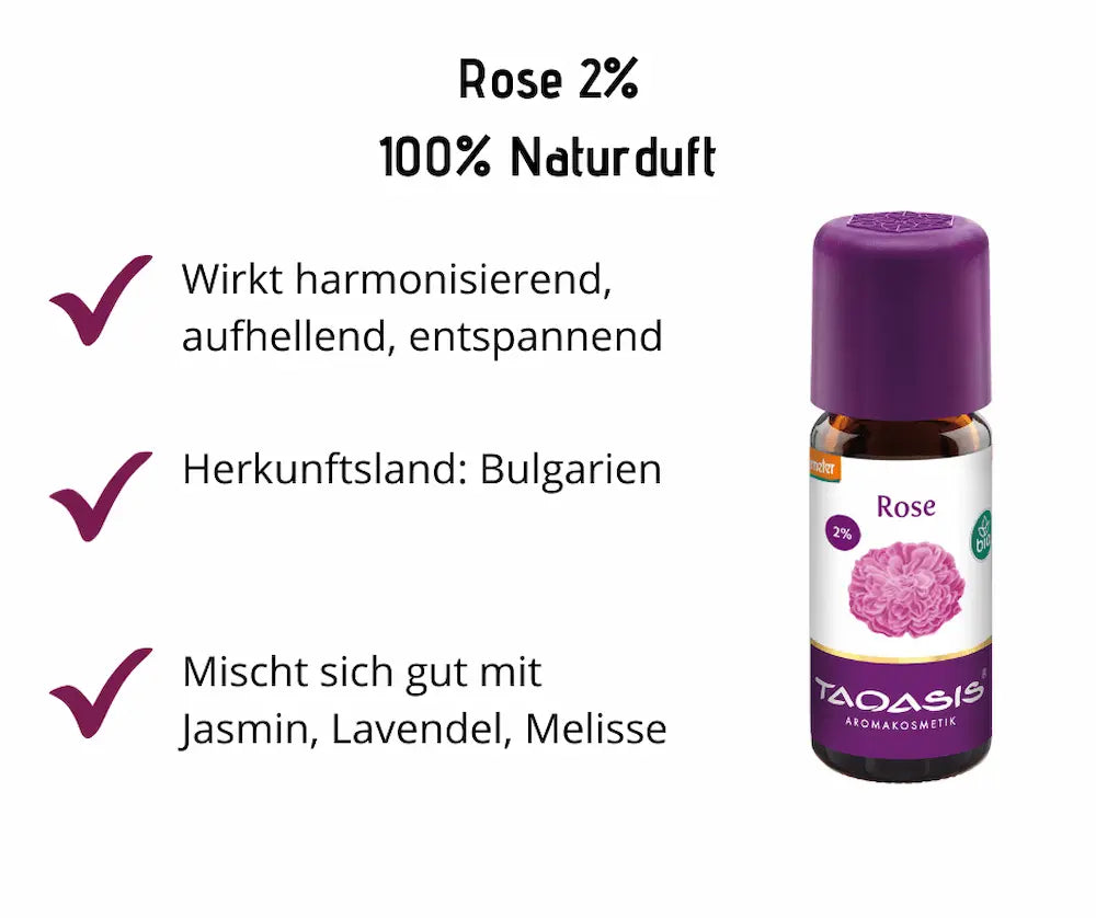  Taoasis Rose 2% Naturduft Bio in brauner Tropfenflasche mit lila Verschluss, Infografik mit Wirkung, Herkunft Bulgarien und Mischempfehlung