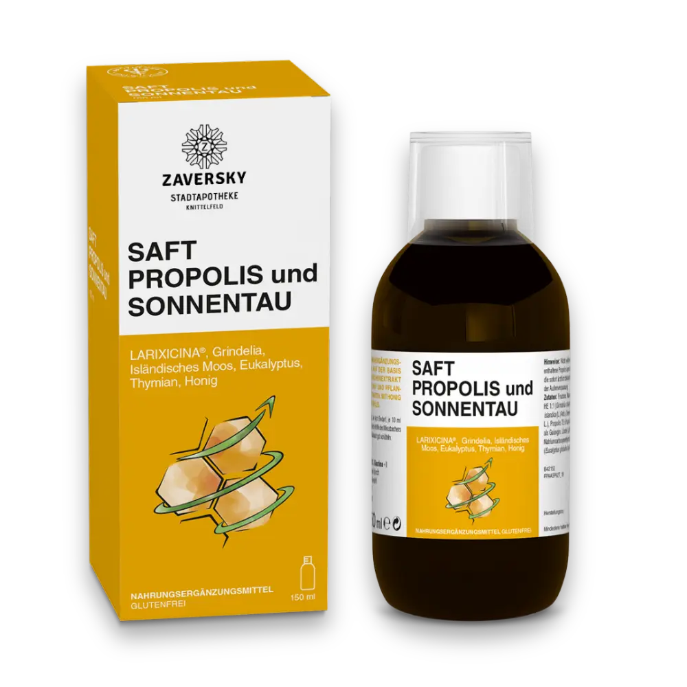 Zaversky Saft Propolis und Sonnentau, 150 ml, mit Faltschachtel und Braunglasflasche, Zutaten Larixicina, Grindelia, Isländisches Moos, Eukalyptus, Thymian und Honig.