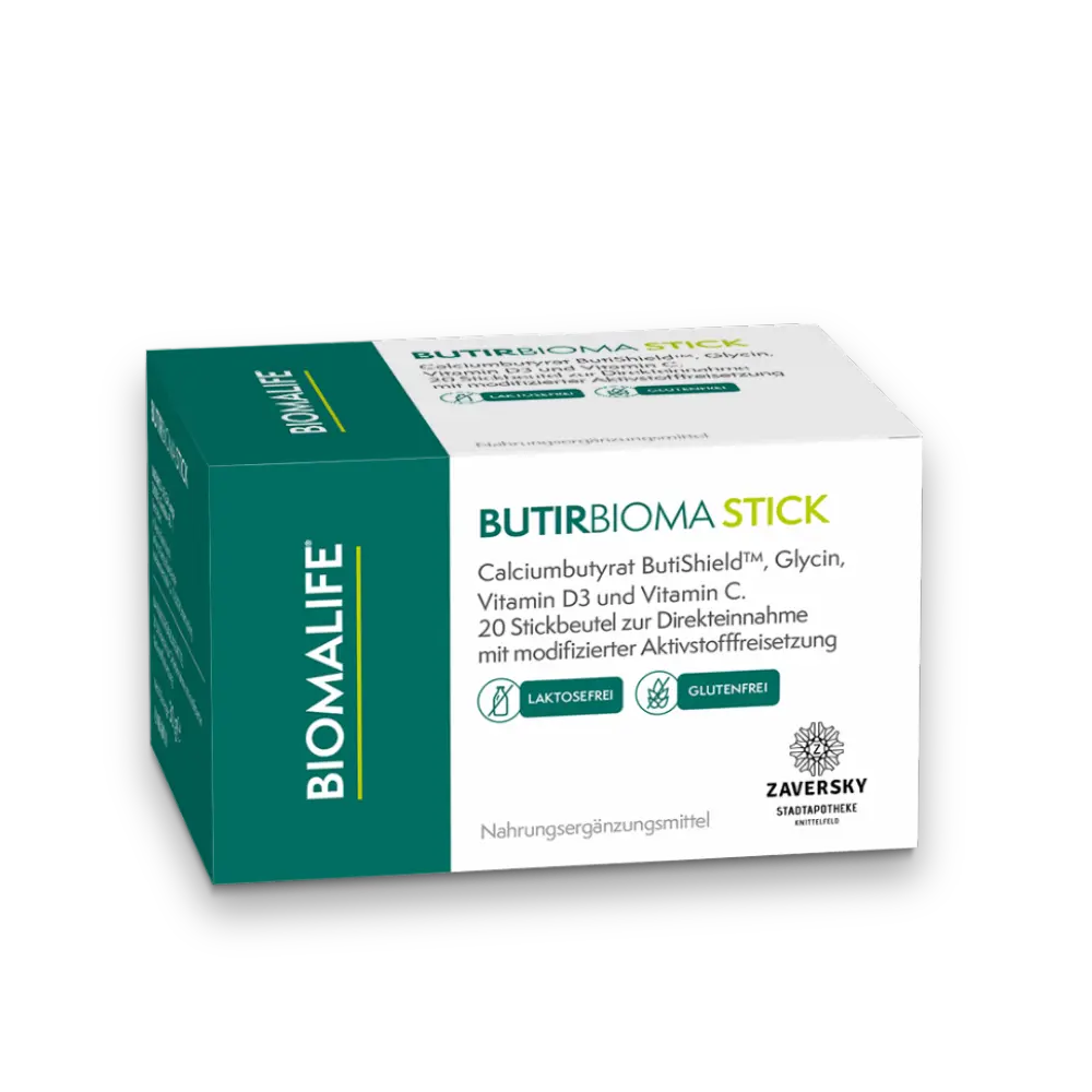 Butirbioma Stick von Biomalife, weiss-gruene Faltschachtel mit 20 Stickbeuteln, laktose- und glutenfrei