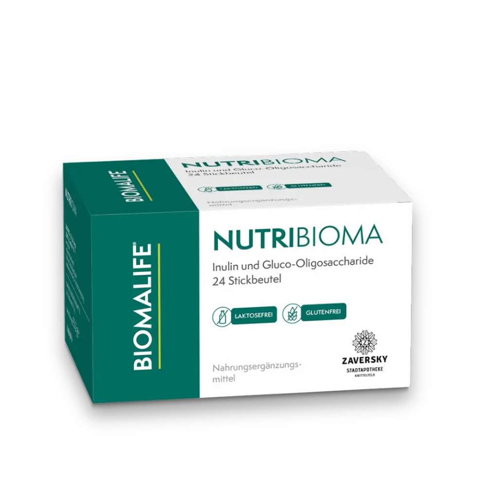 NUTRIBIOMA von BIOMALIFE, grün-weiße Faltschachtel mit Inulin und Gluco-Oligosacchariden, 24 Stickbeutel, laktose- und glutenfrei