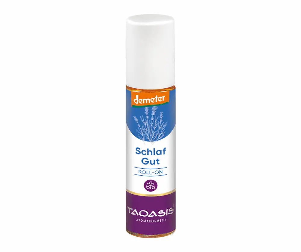 Taoasis Schlaf Gut Roll-On Aromakosmetik in Glasflasche mit weißer Kappe, Demeter- und Bio-Siegel, Lavendel-Motiv
