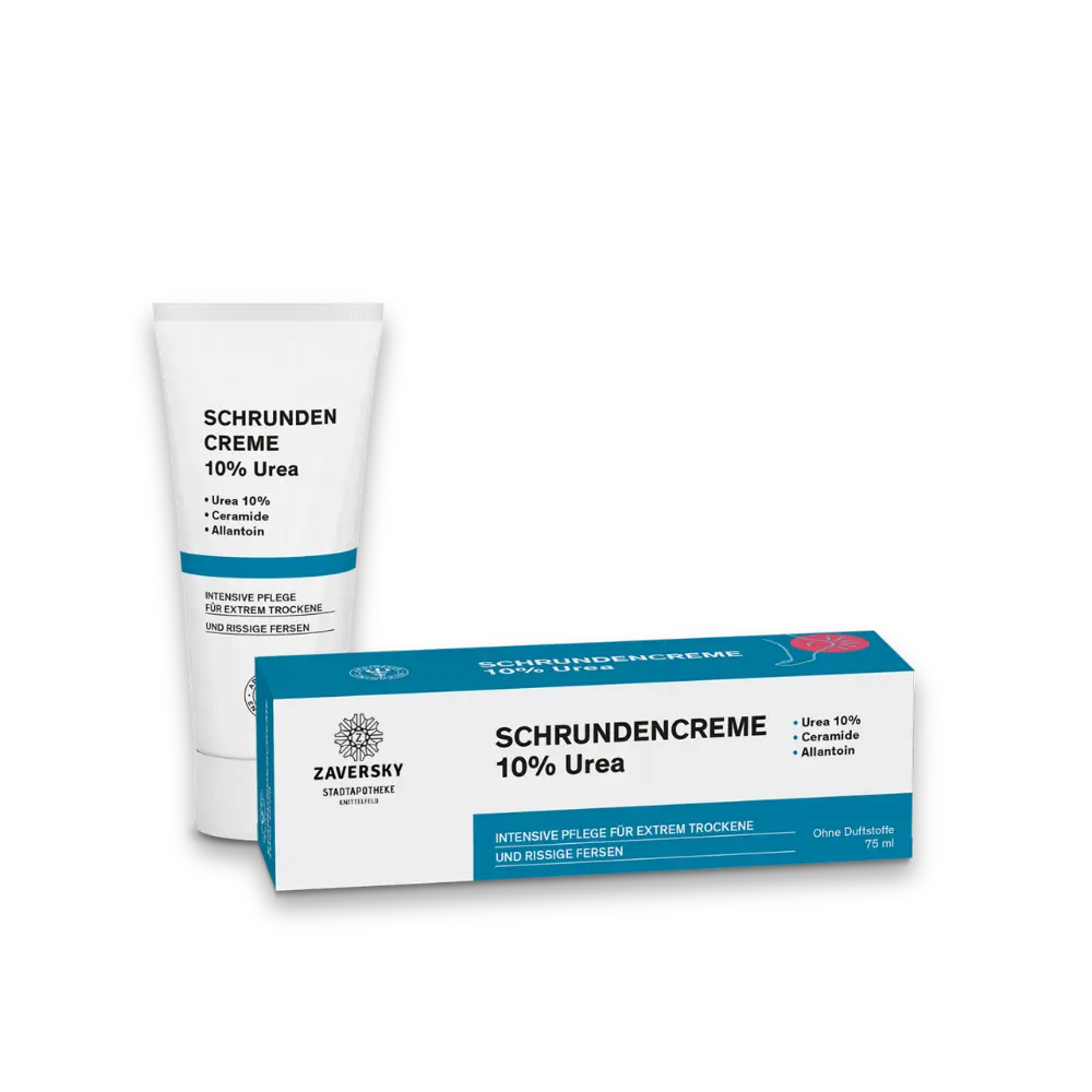 Zaversky Schrundencreme 10% Urea mit Ceramide und Allantoin, Tube und Verpackung, 75 ml, ohne Duftstoffe.