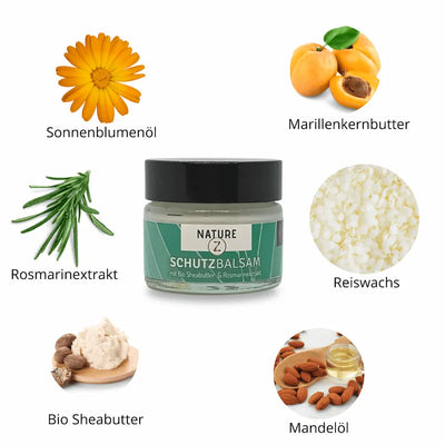 NATURE Z Schutzbalsam mit Bio Sheabutter und Rosmarinextrakt, umgeben von Zutaten wie Marillenkernbutter, Reiswachs und Mandelöl.
