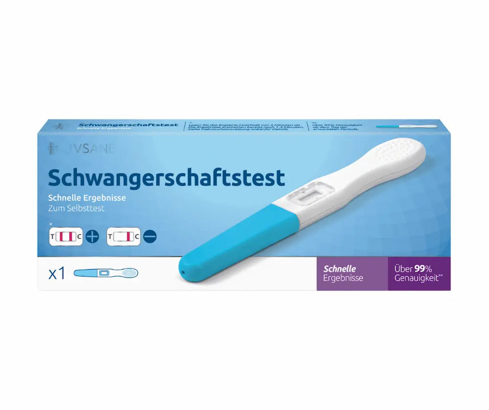 Schwangerschaftstest in blau-weißer Verpackung mit Teststäbchen, Hinweis auf schnelle Ergebnisse und über 99 % Genauigkeit