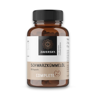 Braune Dose Schwarzkümmelöl von Zaversky Complete Z mit 60 Kapseln, schwarzem Deckel und beige-weißem Etikett.