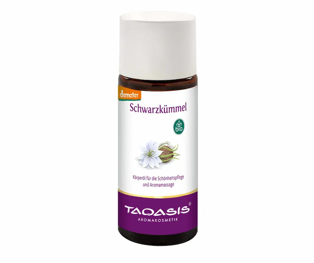 Taoasis Schwarzkümmel Körperöl in brauner Glasflasche mit weißem Deckel, Demeter- und Bio-Siegel, für Schönheitspflege und Aromamassage