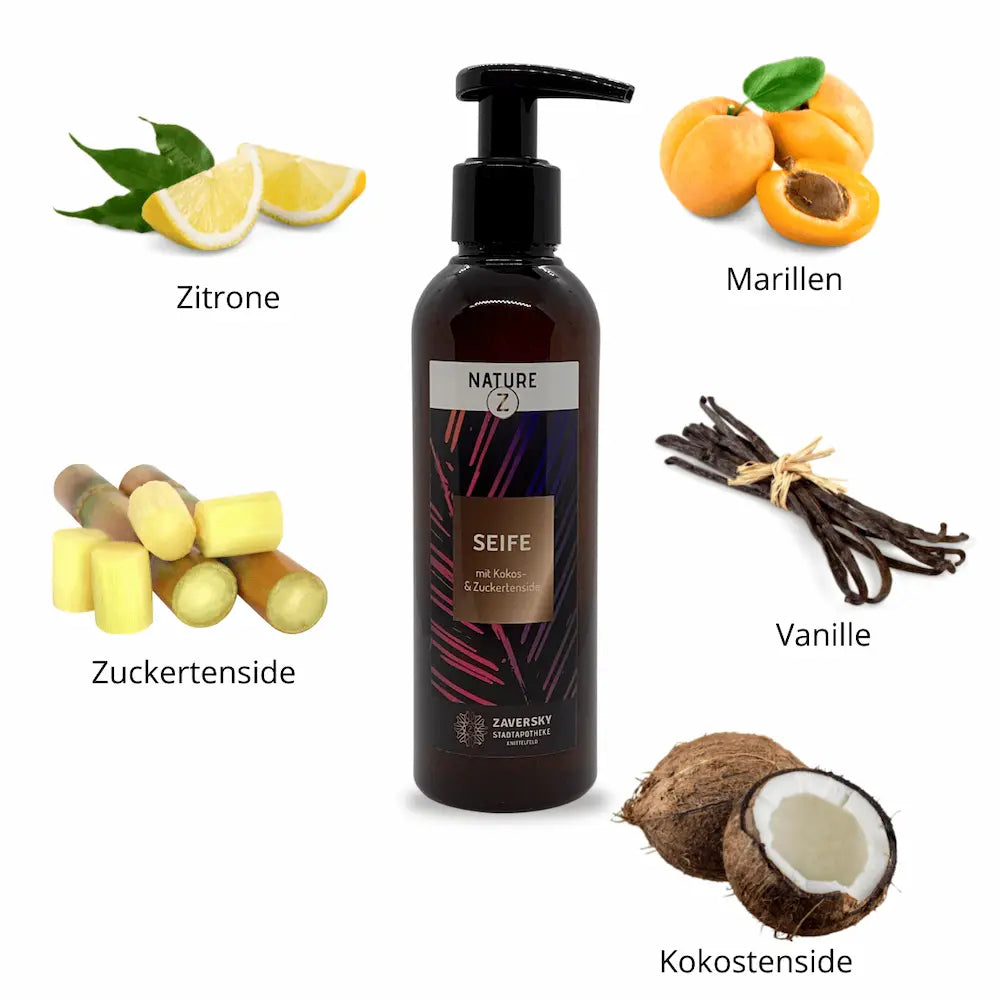 NATURE Z Seife mit Kokos- und Zuckertenside in dunkler Pumpflasche, umgeben von Zitrone, Marille, Vanille und Kokosnuss als Zutatensymbole