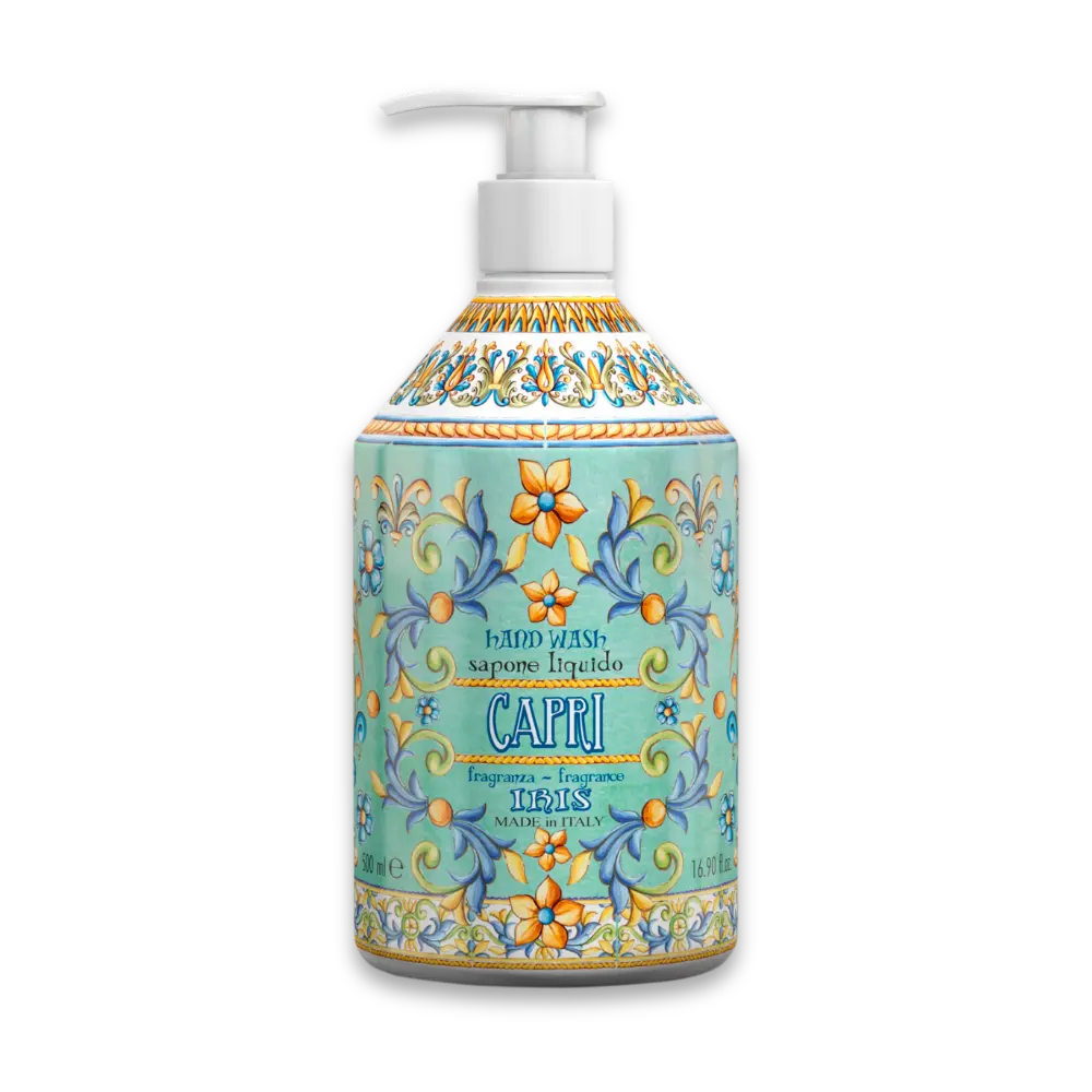 Seifenspender mit weißer Pumpe und mediterranem Majolika-Muster in Türkis, Aufschrift „Hand Wash Capri“, Duft Iris, 500 ml