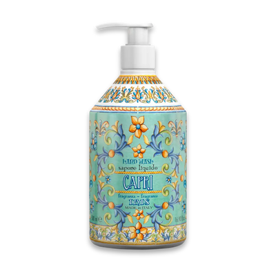 Seifenspender mit weißer Pumpe und mediterranem Majolika-Muster in Türkis, Aufschrift „Hand Wash Capri“, Duft Iris, 500 ml