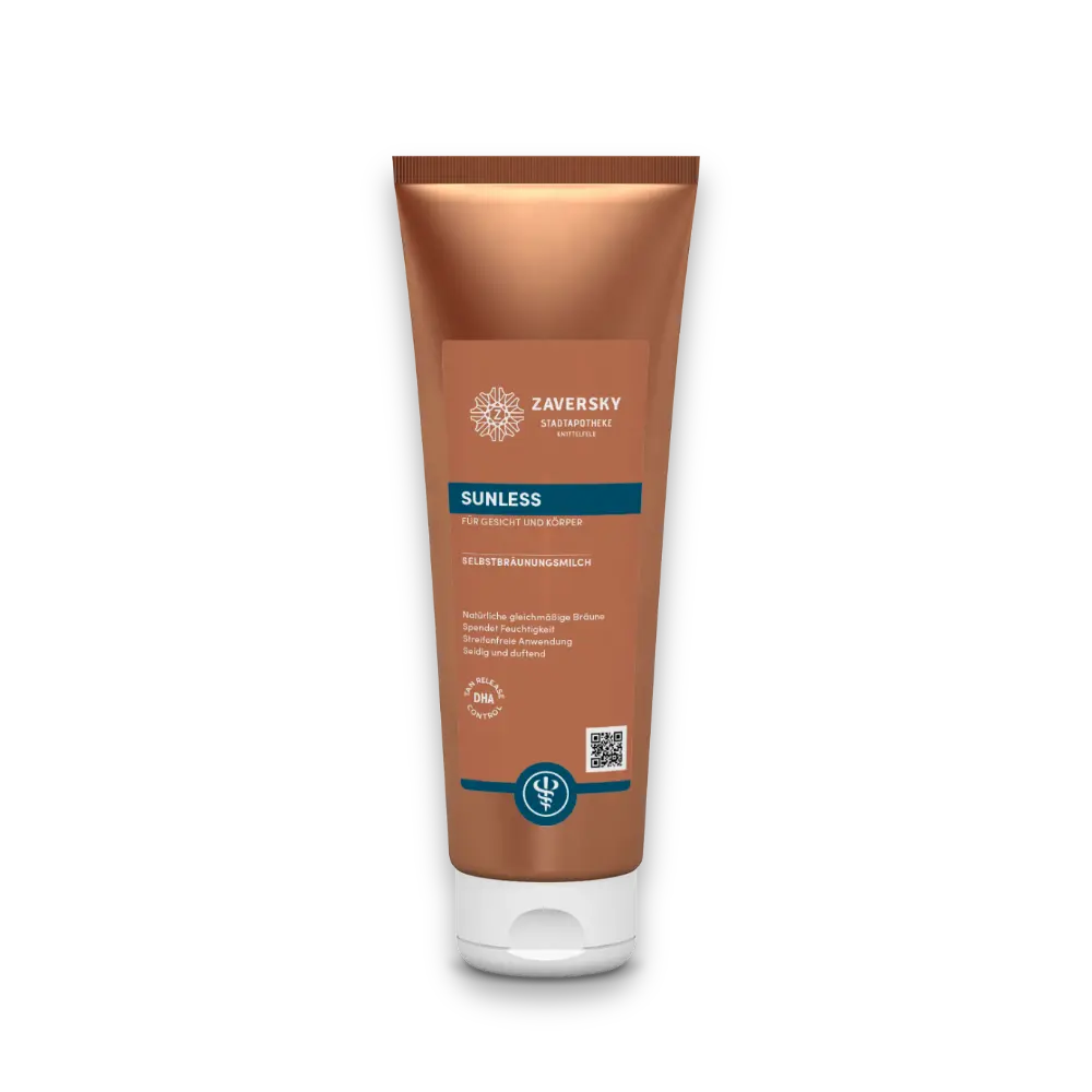 Zaversky SUNLESS Selbstbräunungsmilch für Gesicht und Körper, bronzefarbene Tube mit weißer Klappkappe, Vorderansicht