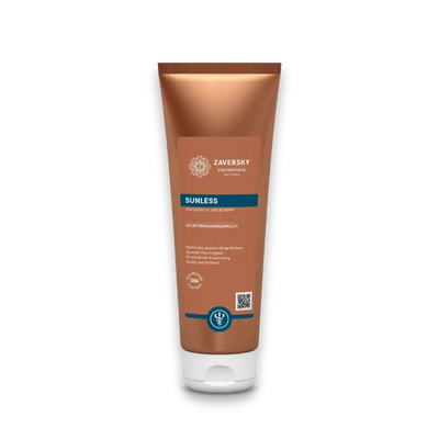 Zaversky SUNLESS Selbstbräunungsmilch für Gesicht und Körper, bronzefarbene Tube mit weißer Klappkappe, Vorderansicht