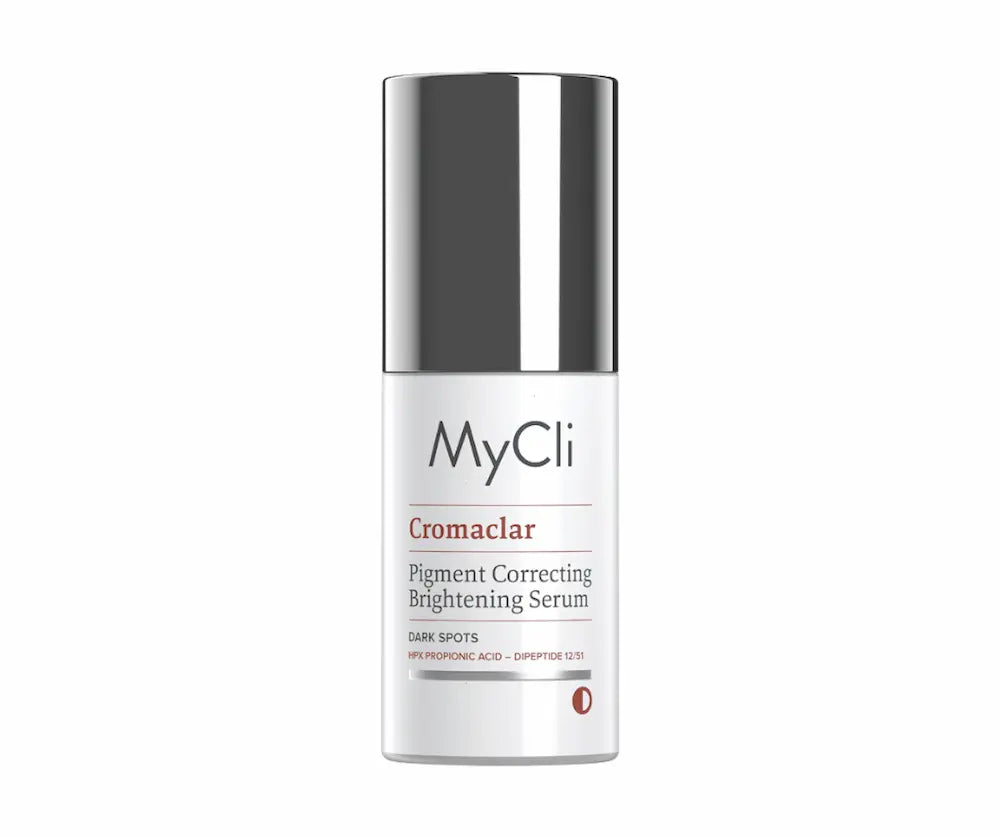 MyCli Cromaclear Pigment Correcting Brightening Serum gegen Dark Spots in weißer Flasche mit silberner Kappe, Vorderansicht