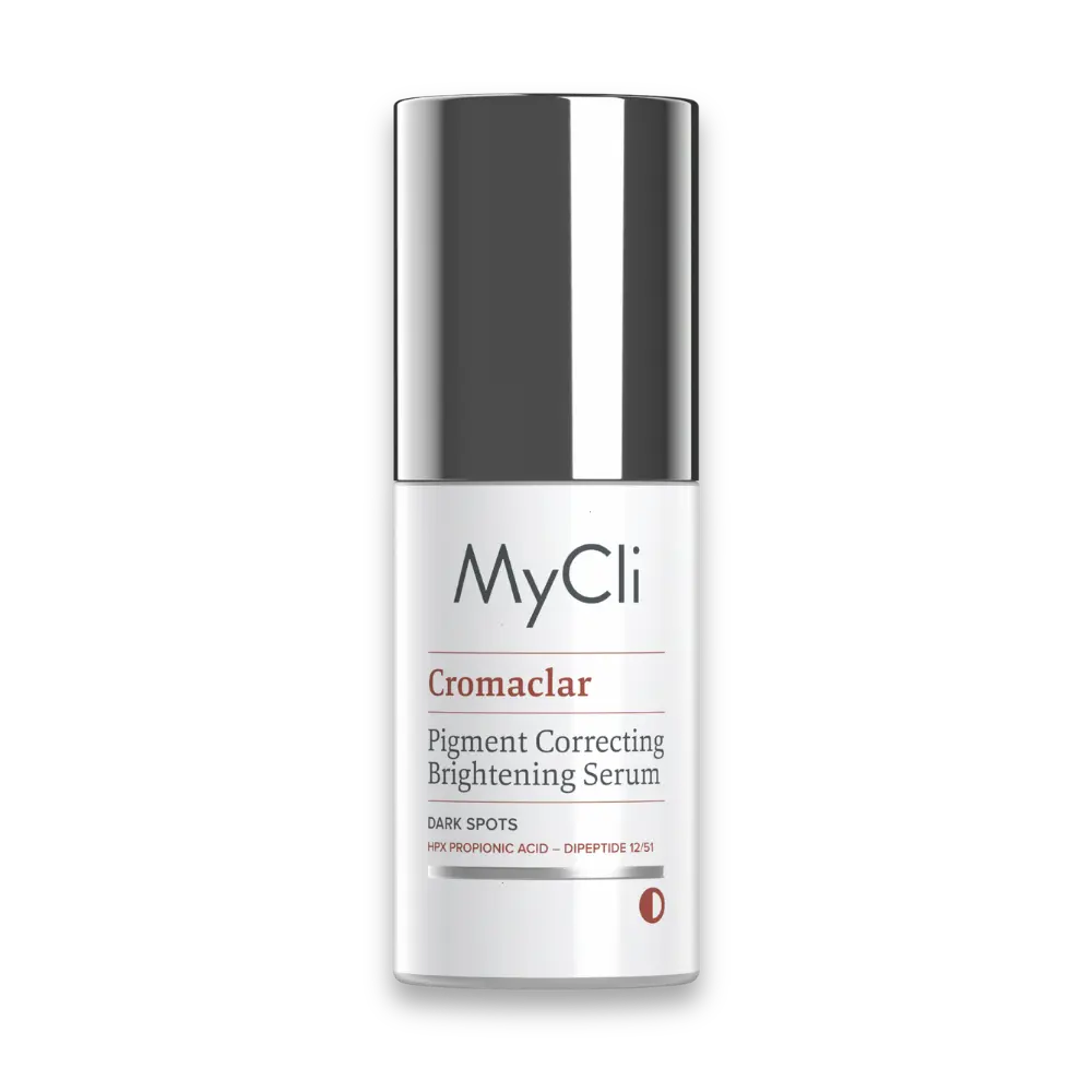 MyCli Cromaclear Pigment Correcting Brightening Serum gegen Dark Spots in weißer Flasche mit silberner Kappe, Vorderansicht