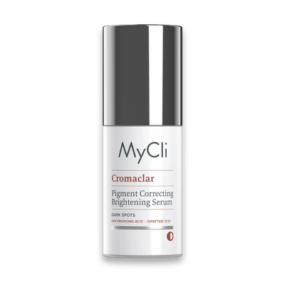 MyCli Cromaclear Pigment Correcting Brightening Serum gegen Dark Spots in weißer Flasche mit silberner Kappe, Vorderansicht