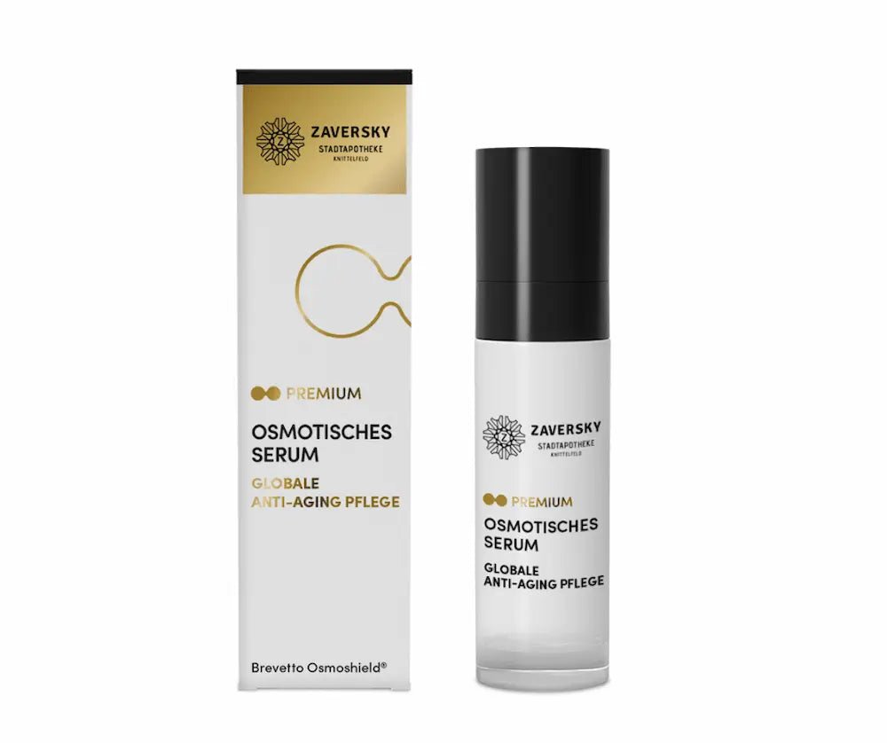 Zaversky Premium Osmotisches Serum für globale Anti-Aging Pflege, weiße Pumpflasche neben Faltschachtel mit Goldakzent