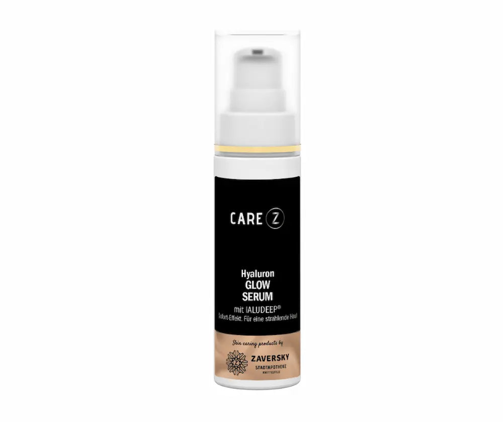 CARE Z Hyaluron Glow Serum mit IALUDEEP im schwarzen Pumpspender, Zaversky Stadtapotheke Knittelfeld, Vorderansicht