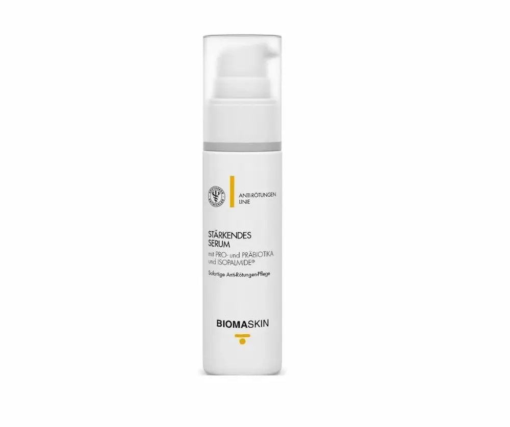Biomaskin Stärkendes Serum mit Pro- und Präbiotika und Isopalmide, Anti-Rötungen Linie, weißer Pumpspender, Vorderansicht