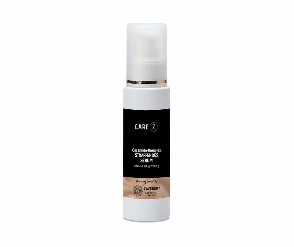 Care Z Ceramide-Komplex Straffendes Serum im weißen Pumpspender mit schwarzem Etikett und goldenem Zierring, Zaversky Stadtapotheke