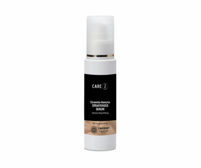 Care Z Ceramide-Komplex Straffendes Serum im weißen Pumpspender mit schwarzem Etikett und goldenem Zierring, Zaversky Stadtapotheke