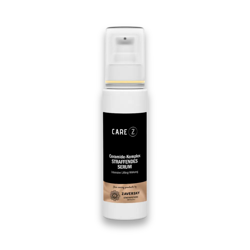 CARE Z Straffendes Serum mit Ceramide-Komplex im weißen Pumpspender mit schwarzem Etikett, Zaversky Stadtapotheke