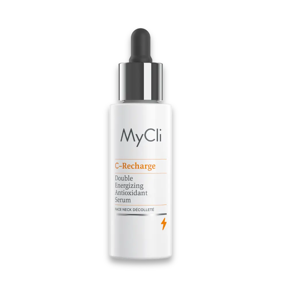 MyCli C-Recharge Double Energizing Antioxidant Serum für Gesicht, Hals und Dekolleté in weißer Tropfflasche mit schwarzer Pipette
