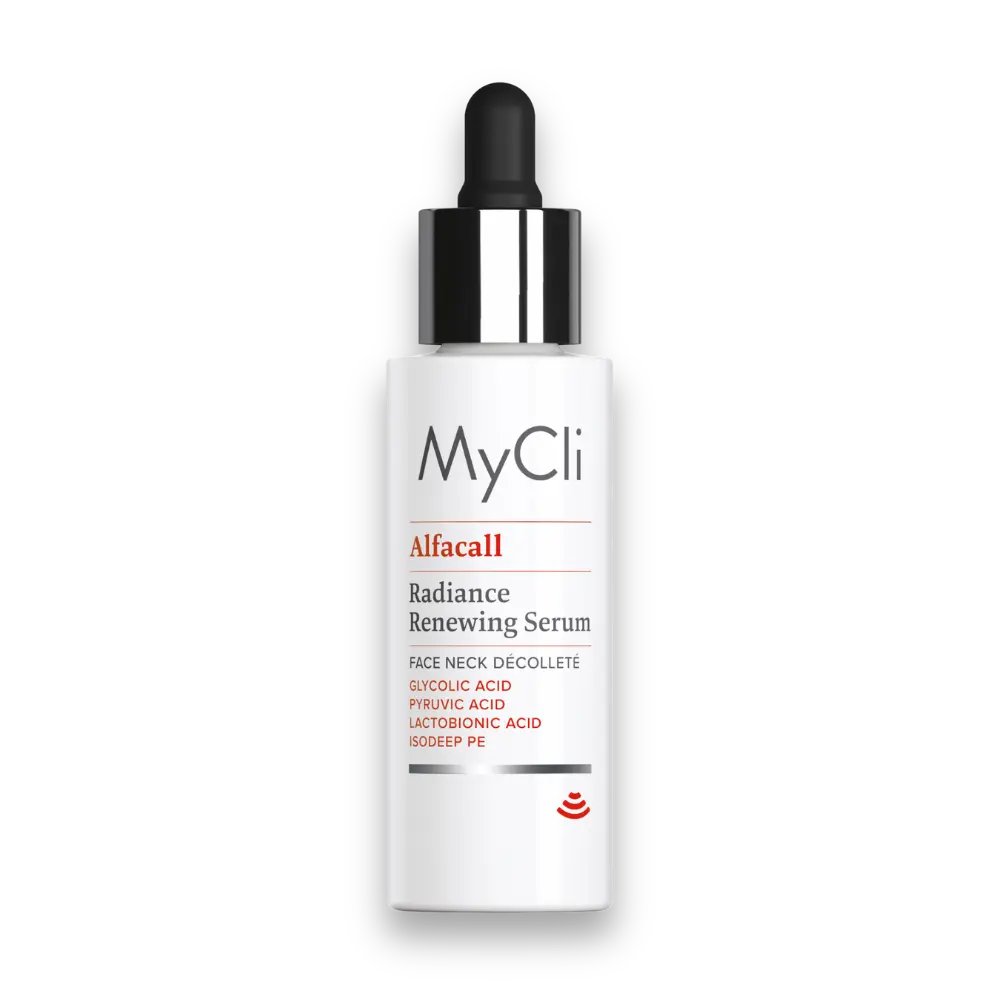 MyCli Alfacall Radiance Renewing Serum in weißer Tropfflasche mit schwarzer Pipette, für Gesicht, Hals und Dekolleté