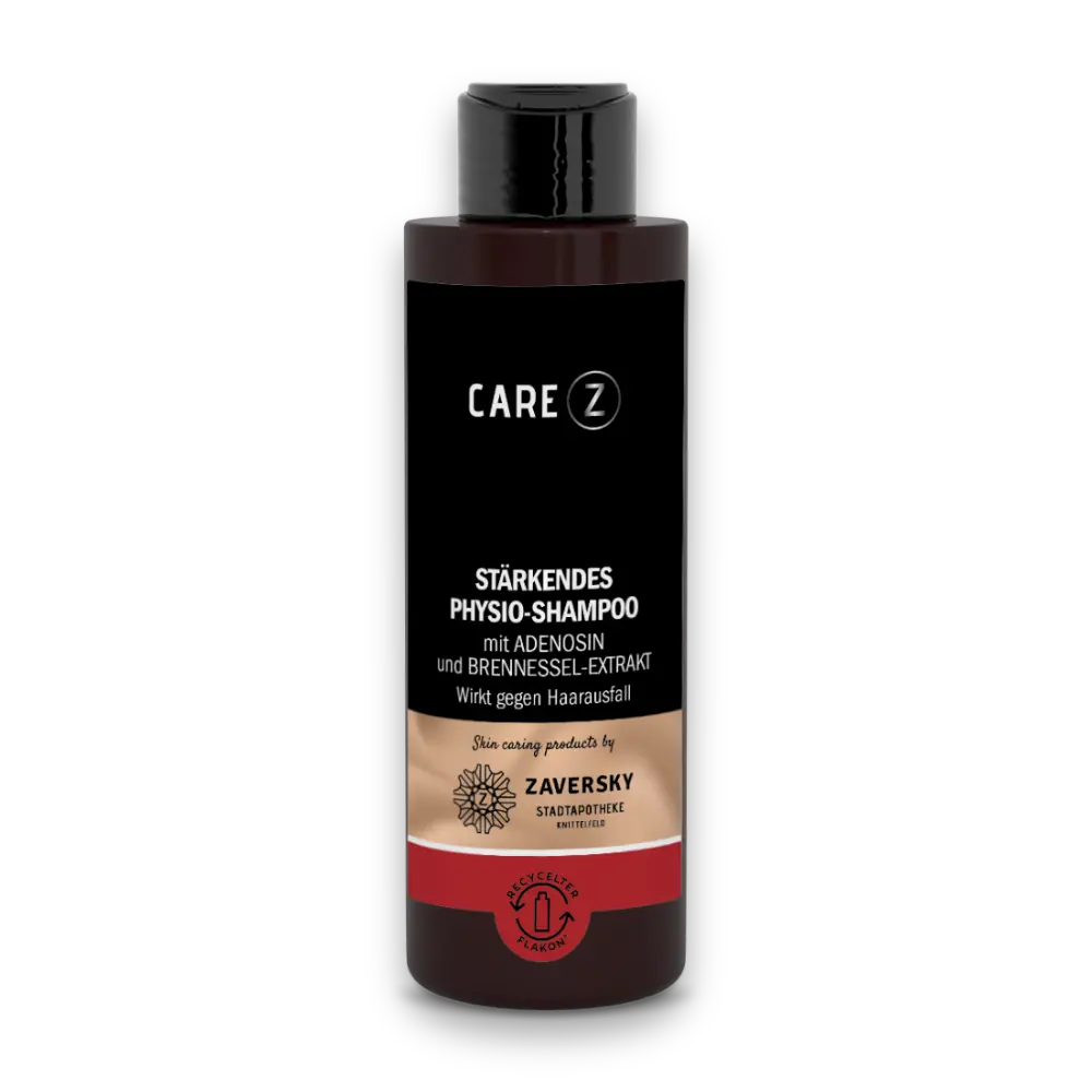 CARE Z Stärkendes Physio-Shampoo mit Adenosin und Brennessel-Extrakt gegen Haarausfall, brauner Flakon mit schwarzem Etikett