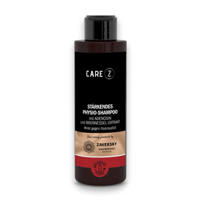 CARE Z Stärkendes Physio-Shampoo mit Adenosin und Brennessel-Extrakt gegen Haarausfall, brauner Flakon mit schwarzem Etikett
