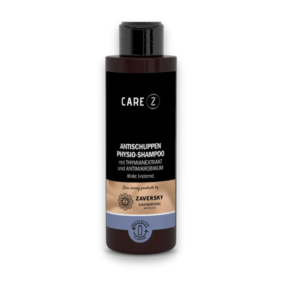 CARE Z Antischuppen Physio-Shampoo mit Thymianextrakt in brauner Flasche mit schwarzem Etikett, Vorderansicht