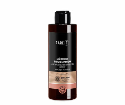 CareZ stärkendes Physio-Shampoo mit Adenosin und Brennessel-Extrakt gegen Haarausfall, braune Flasche mit schwarzem Klappverschluss, Zaversky Stadtapotheke Knittelfeld