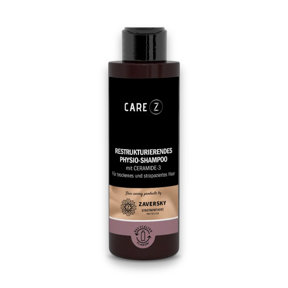 CARE Z Restrukturierendes Physio-Shampoo mit Ceramide-3 in dunkelbrauner Flasche mit schwarzem Klappdeckel, für trockenes und strapaziertes Haar.