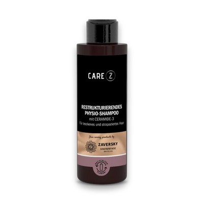 CARE Z Restrukturierendes Physio-Shampoo mit Ceramide-3 in dunkelbrauner Flasche mit schwarzem Klappdeckel, für trockenes und strapaziertes Haar.