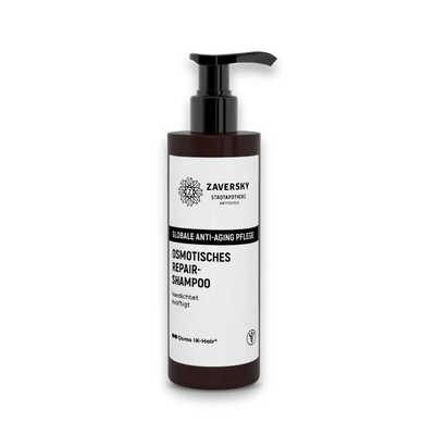 Osmotisches Repair-Shampoo von Zaversky in brauner Pumpflasche mit weißem Etikett, Aufschrift Globale Anti-Aging Pflege