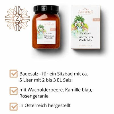 Sitzbadesalz Auberg Dr. Klade's Bademeister Wacholder im Glas und in der Verpackung, daneben Hinweise zu Anwendung und Inhaltsstoffen