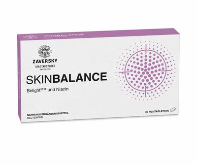 Skinbalance Faltschachtel von Zaversky Stadtapotheke mit Belight³ und Niacin, 30 glutenfreie Filmtabletten, Vorderansicht
