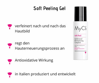 MyCli Soft Peel Epidermal Revitalizing Complex Peeling-Gel in weißer Flasche mit schwarzem Pumpspender, Infografik mit vier Produktmerkmalen.