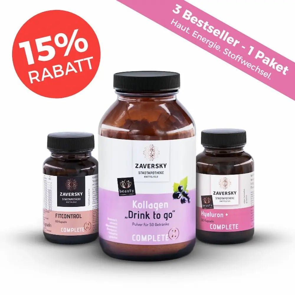 Sommerpaket Zaversky mit Kollagen „Drink to go" Pulver, Hyaluron+ und FitControl Kapseln in Braunglas, 15 % Rabatt-Aktion