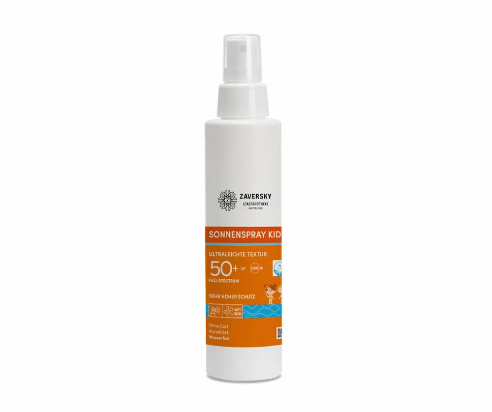 Zaversky Sonnenspray Kid LSF 50+ in weißer Sprühflasche mit orangem Etikett, ultraleichte Textur, ohne Duft, wasserfest
